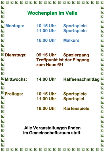 Ständige Termine - Wochenplan im "Veile"