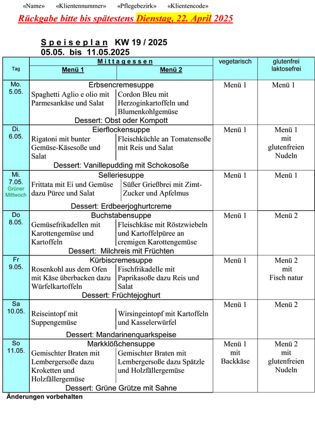 Speiseplan Woche 19/2025 vom 05.05. bis 11.05.2025 bitte bis Dienstag, 22.04.2025 bestellen