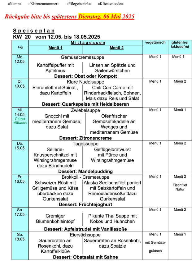 Speiseplan KW 20/2025 vom 12.05 bis 18.05.2025 - bitte bis Dienstag, 06.05.2025 bestellen