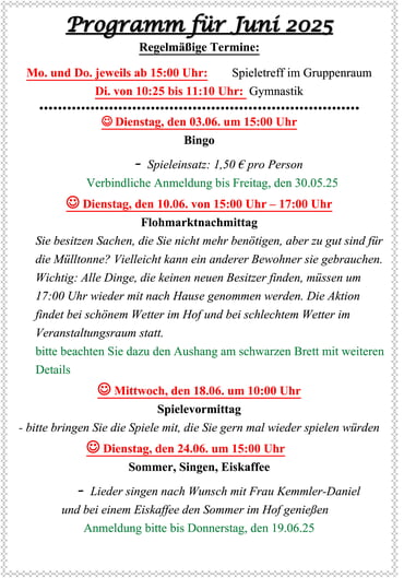 Veranstaltungen im Juni im Gartenhof