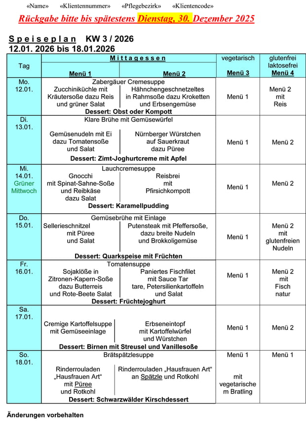 Speiseplan Woche 03/2026 vom 12.01.2026 bis 18.01.2026 bitte bis Dienstag 30.12.2025 bestellen