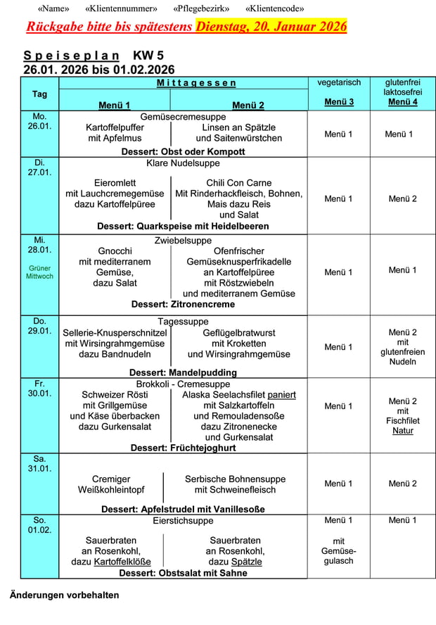Speiseplan Woche 05/2026 vom 26.01. bis 01.02.2026 bitte bis Dienstag, 20.01.2026 bestellen