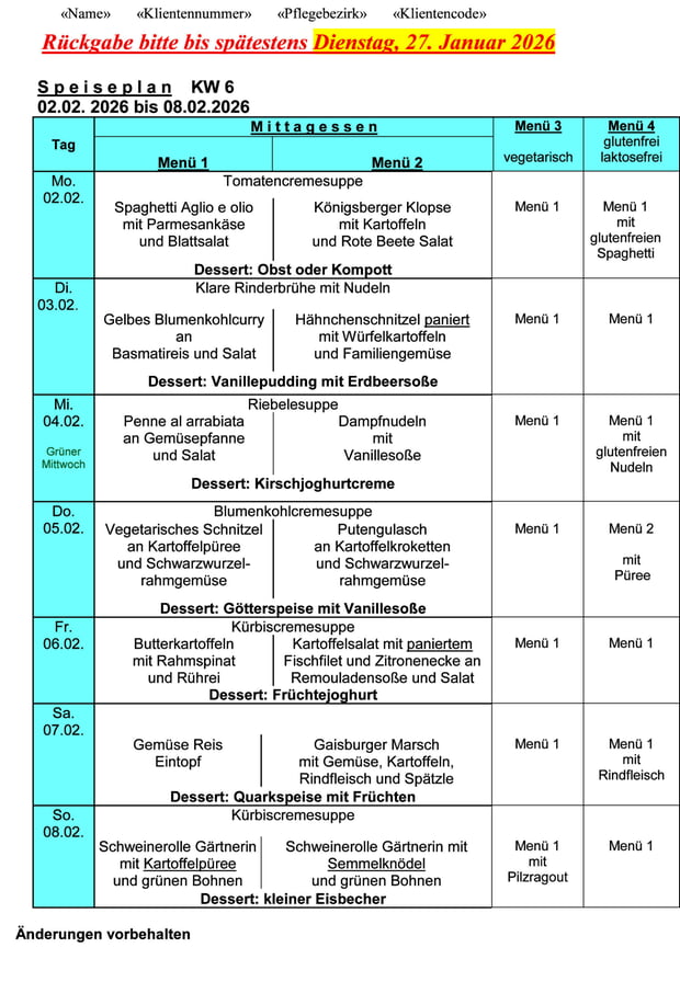Speiseplan Woche&nbsp; 06/2026 vom 02.02.2026 bis 08.02.2026 - bitte bis Dienstag 27.01.2026 bestellen