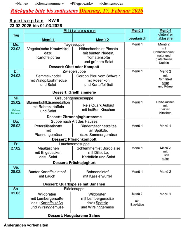 Speiseplan Woche 09/2026 vom 23.02.2026 bis 01.03.2026 - bitte bis Dienstag 17.2.2026 bestellen