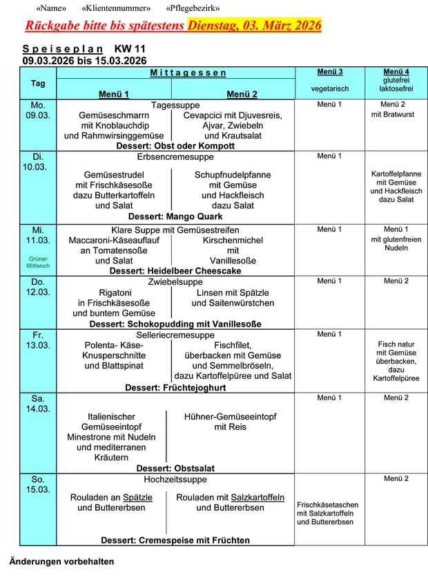 Speiseplan Woche 11/2026 vom 09.03. bis 15.03.2026 - bitte bis Dienstag, 03.03.2026 bestellen