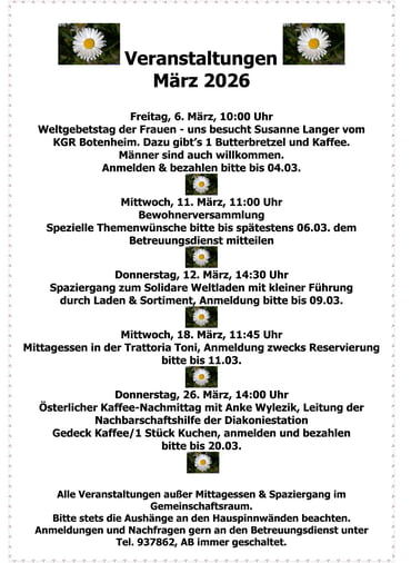 Termine und Veranstaltungen im M&auml;rz 2026 im Amalienhof