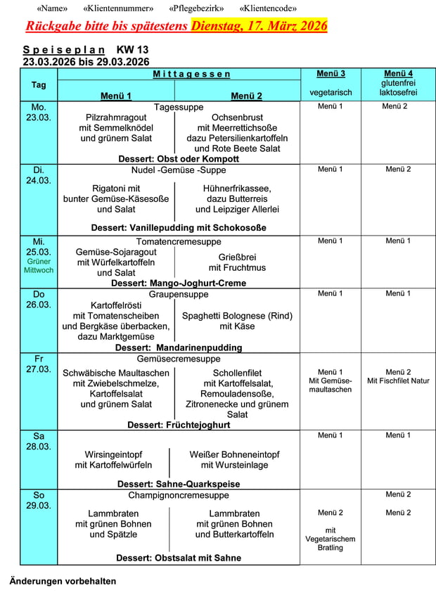 Speiseplan Woche 13/2026 vom 23.03.2026 bis 29.03.2026 - bitte bis Dienstag, 17.03.2026 bestellen