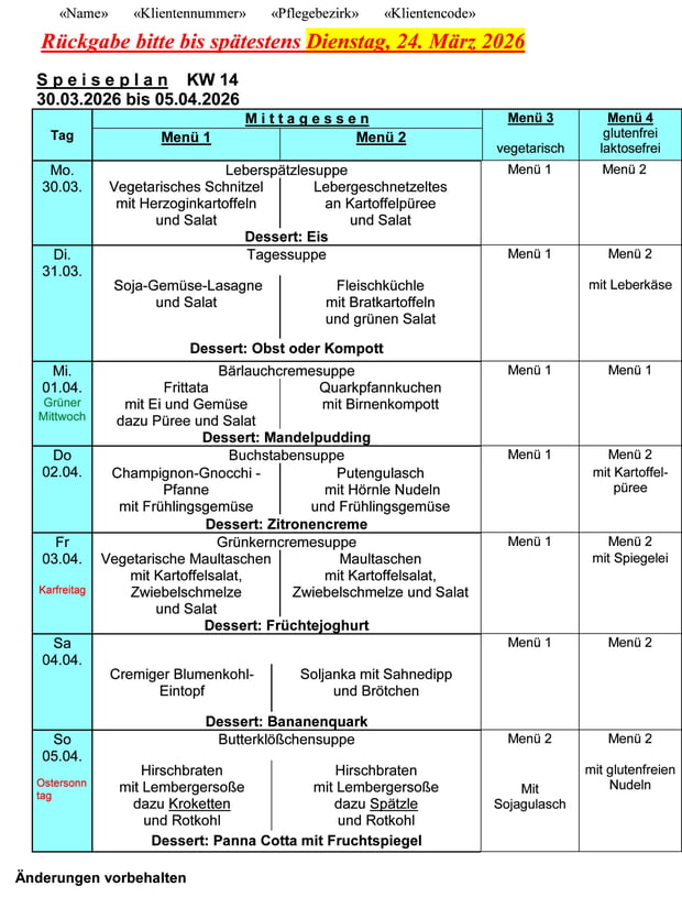 Speiseplan Woche 14/2026 vom 09.03. bis 15.03.2026 - bitte bis Dienstag, 03.03.2026 bestellen