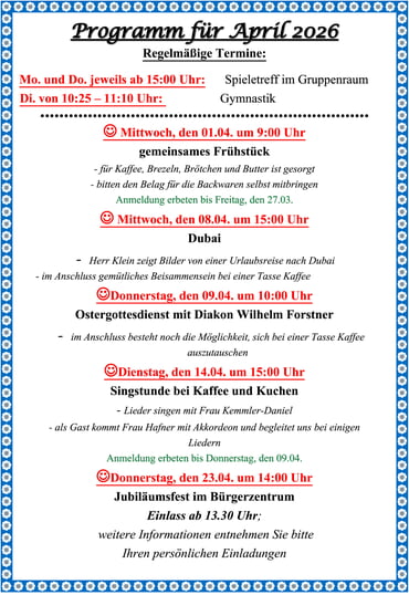 Termine und Veranstaltungen im Gartenhof im April 2026