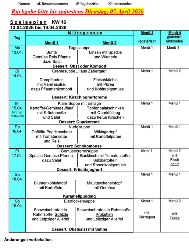 Speiseplan Woche 16/2026 vom 13.04.2026 bis 19.04.2026 - bitte bis Dienstag, 07.04.2026 bestellen