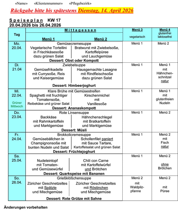 Speiseplan Woche 17/2026 vom 20.04. bis 26.04.2026 - bitte bis Dienstag, 14.04.2026 bestellen