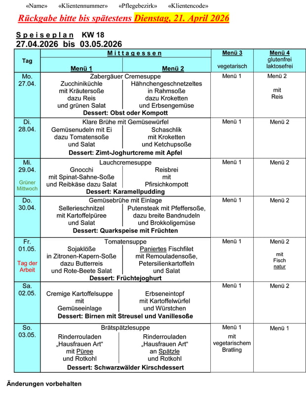 Speiseplan Woche&nbsp; 18/2026 vom 27.04.2026 bis 03.05.2026 - bitte bis Dienstag, 21.04.2026 bestellen