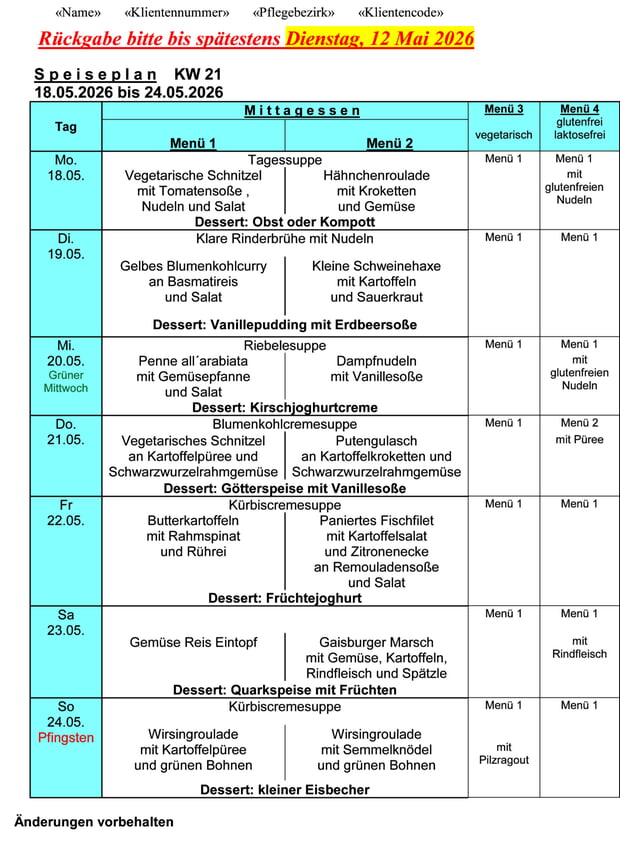 Speiseplan Woche&nbsp; 21/2026 vom 18.05.2026 bis 24.05.2026 - bitte bis Dienstag, 12.05.2026 bestellen