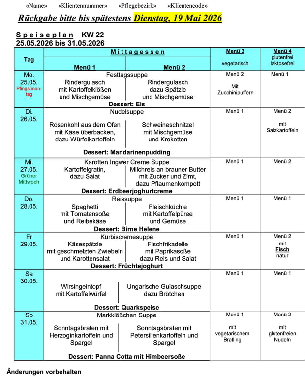 Speiseplan Woche 22/2026 vom 25.05.2026 bis 31.05.2026 - bitte bis Dienstag, 19.05.2026 bestellen