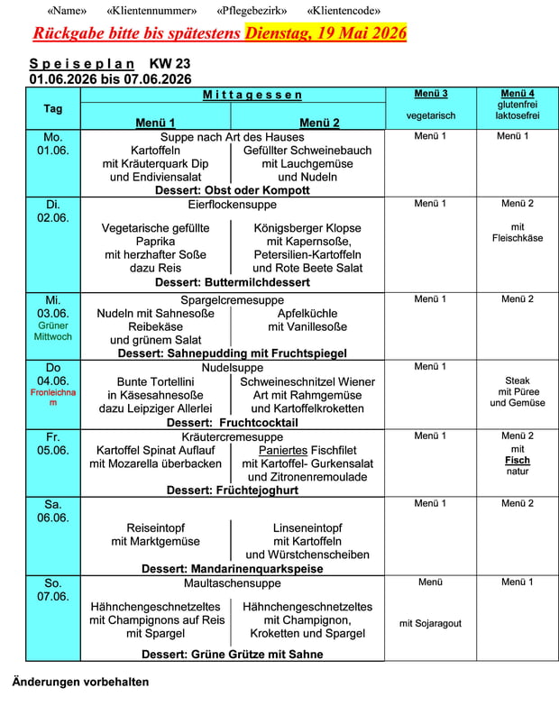 Speiseplan Woche 23/2026 vom 01.06. bis 07.06.2026 - bitte bis Dienstag, 19.05.2026 bestellen