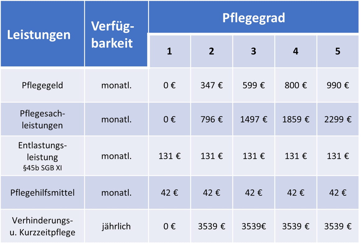 Übersicht Leistungsspektrum Pflegekasse